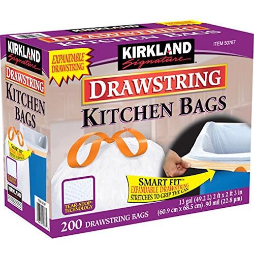 Kirkland Signature 13 Gallon 200 Ct Carton 100% recyclable Heavy Duty Drawstring Kitchen Trash Bags Garbage Bag,White