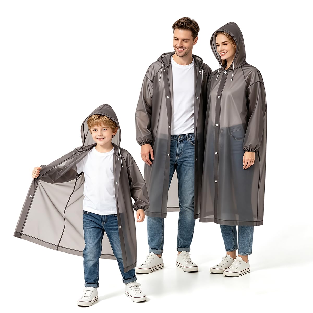 3PCS Family Raincoat Set EVA, 2 Adult & 1 Kids Waterproof Hooded Rain Ponchos, Reusable Lightweight Rain Gear with Snap Closure, Portable Outdoor Travel Rainwear for Men Women Children-image-34