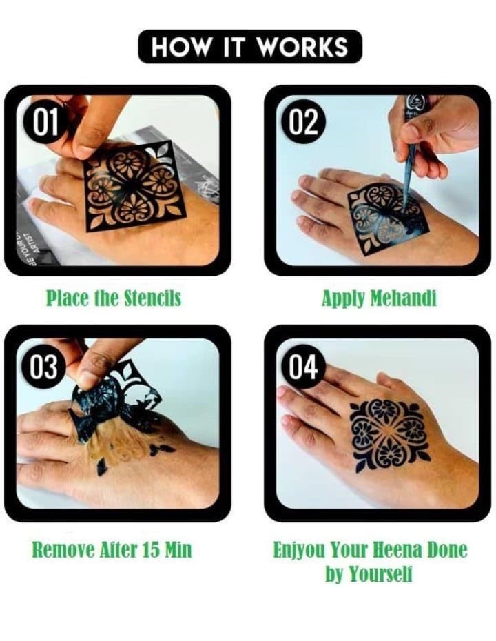 Image of Mehndi Tattoo Stencils for Hands | Reusable Henna Stencil Stickers for Women & Girls | Easy-Use Arabic & Floral Mehndi Design Templates | Temporary Tattoo Stencils for Festivals, Bridal, Karwa Chauth & Eid (5)