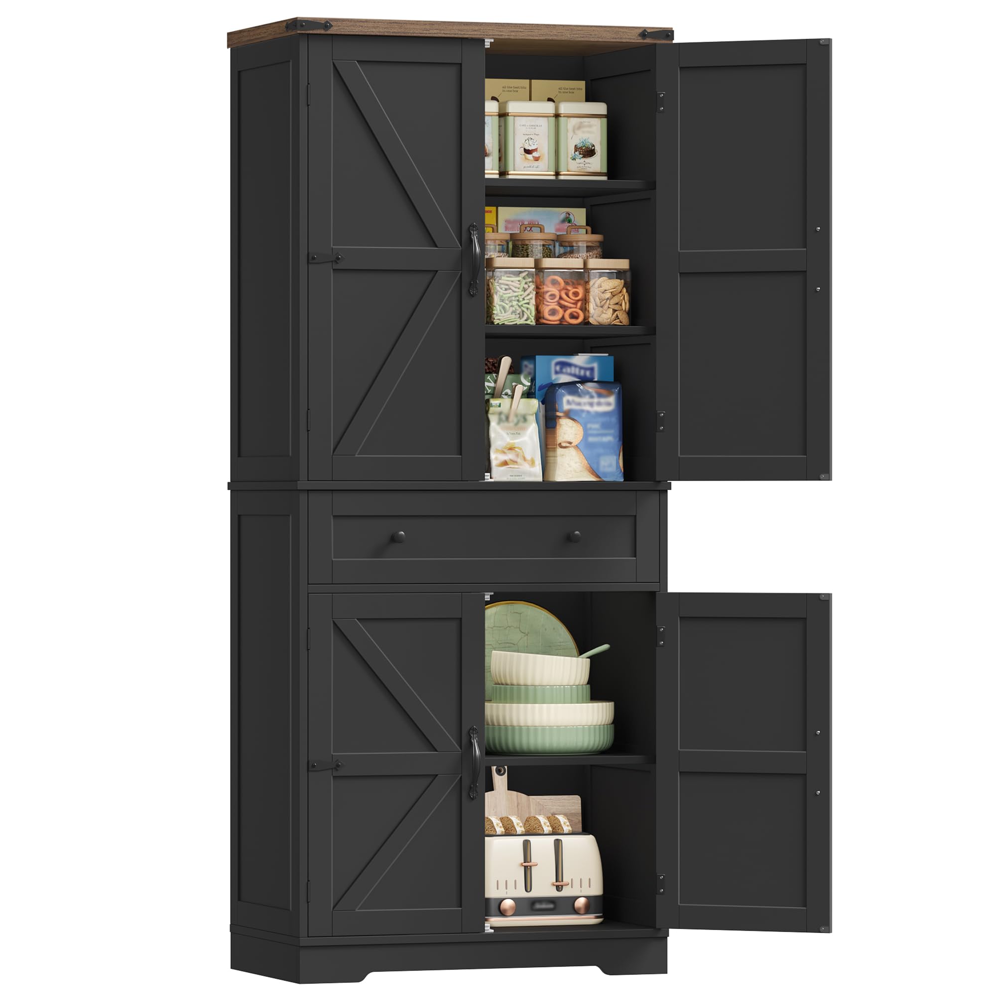Küchenschrank, Buffetschrank Küchenbuffet mit 4 Türen und Schubladen, Vorratsschrank Hochschrank Küche mit 5 Staufächer für Küche, Wohnzimmer und Esszimmer (Schwarz)