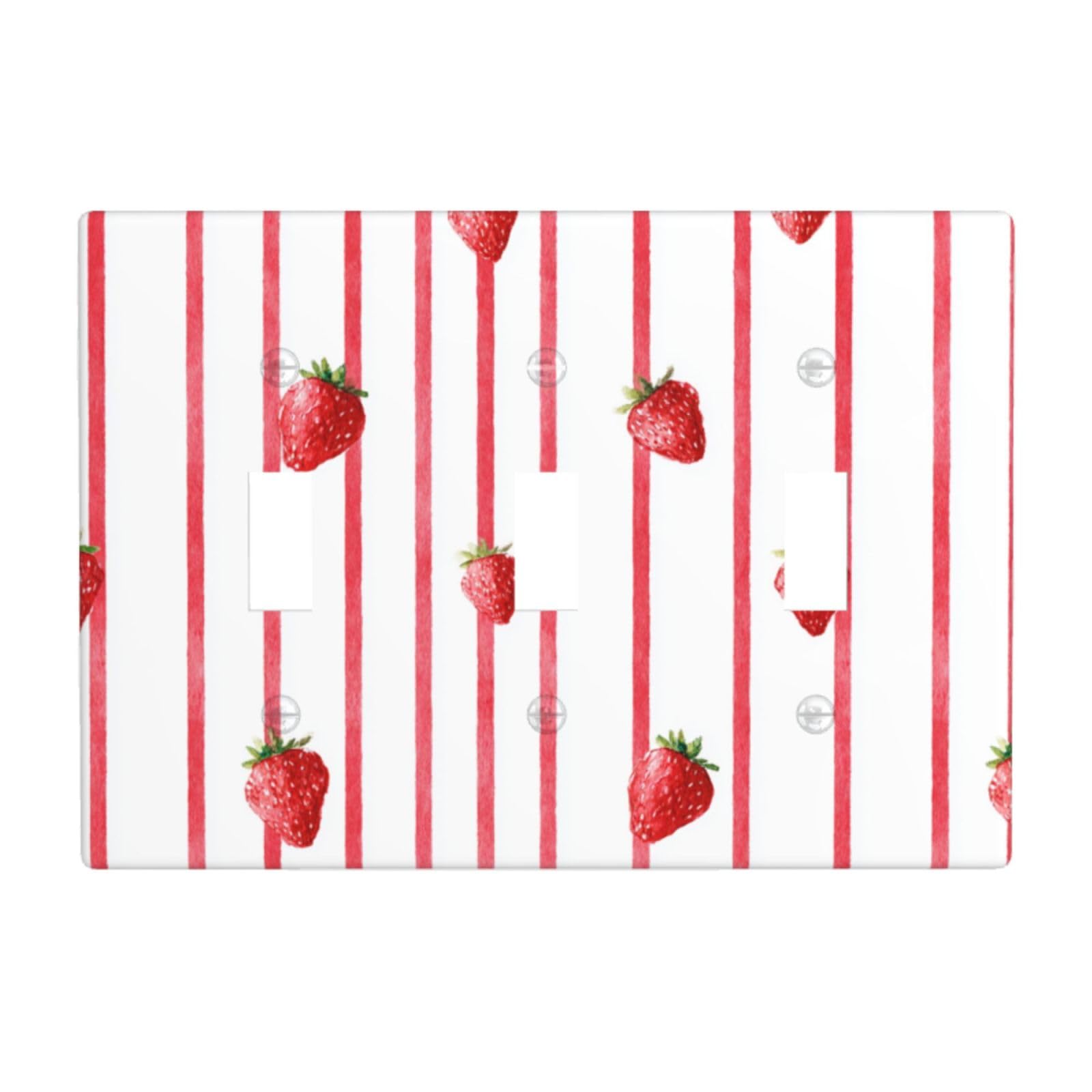 Woshuwo White Watercolor Strawberry Red Stripes Light Switch Covers 3 Gang Triple Toggle Wall Plate Switchplate Electrical Faceplate For Bathroom Kitchen Bedroom Decor