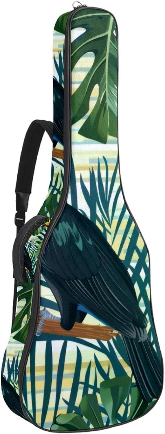 Acoustic Guitar Gig Bag 1 cm Thick Padding, Waterproof Electric Guitar Bag 40-42 Inch Guitar Case Backpack with Dual Shoulder Strap, Palm Leaves Toucans and Exotic Flowers