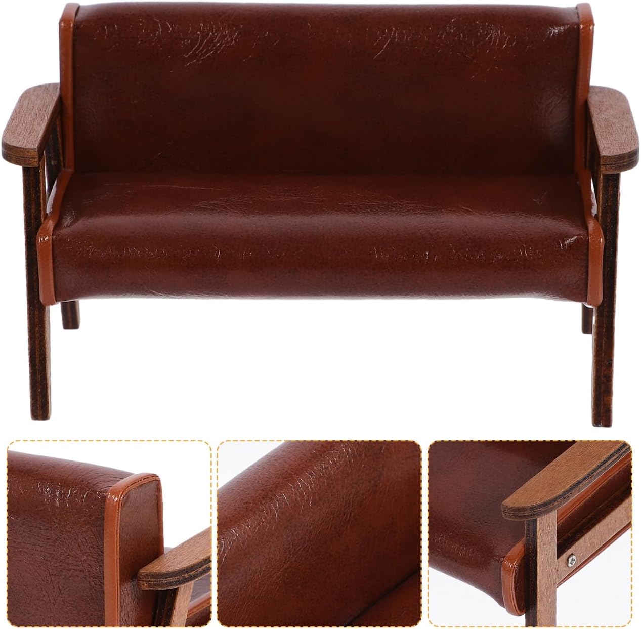 ibasenice Miniature Wooden Sofa Chair - Faux Leather Mini Couch Dollhouse Furniture 1:12 Scale - Realistic Micro Landscape Decor, Brown Small Bench for DIY Crafts, Photography Props and Collectors
