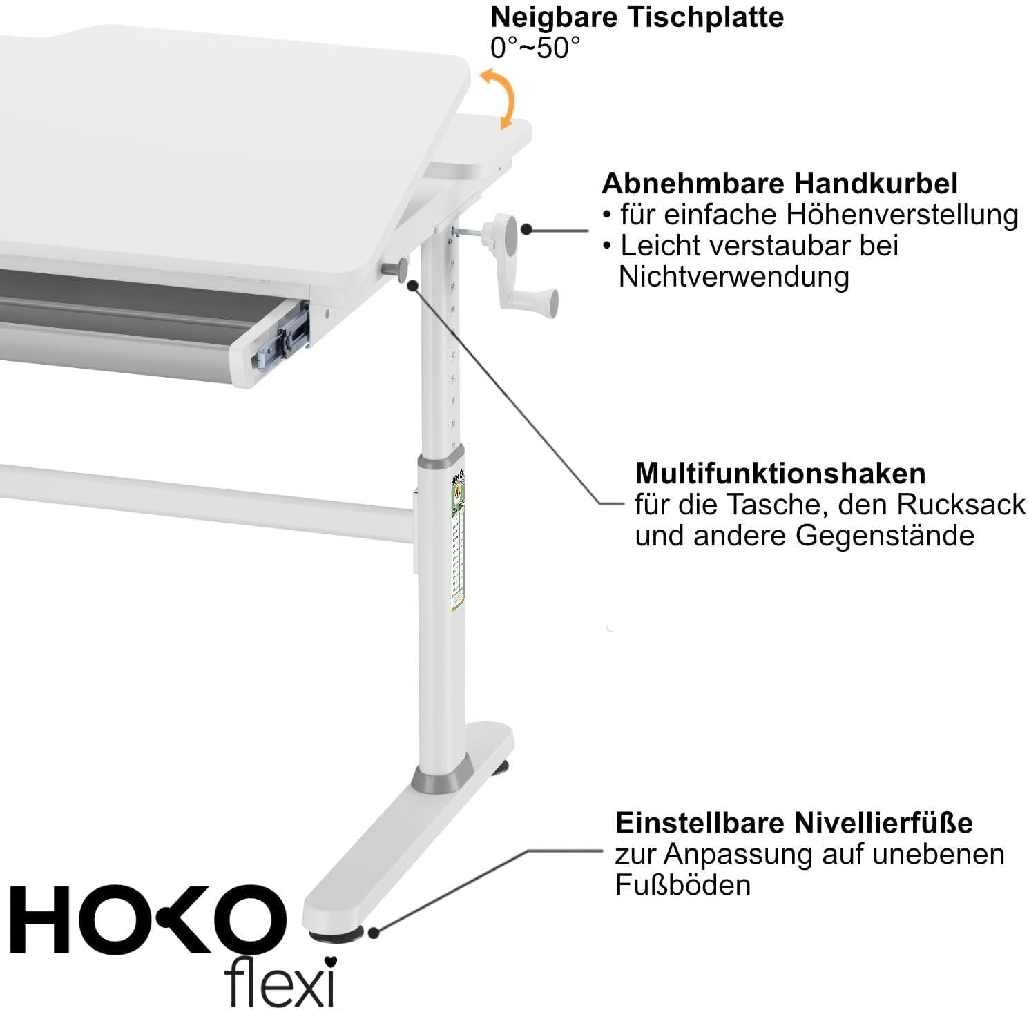 HOKO Kinderschreibtisch Höhenverstellbar 54-76cm Neigbare Schreibtischplatte mit Schubladen 100x60cm Arbeitsfläche – Für Kinder ab 6 Jahren (Weiß, JANA)