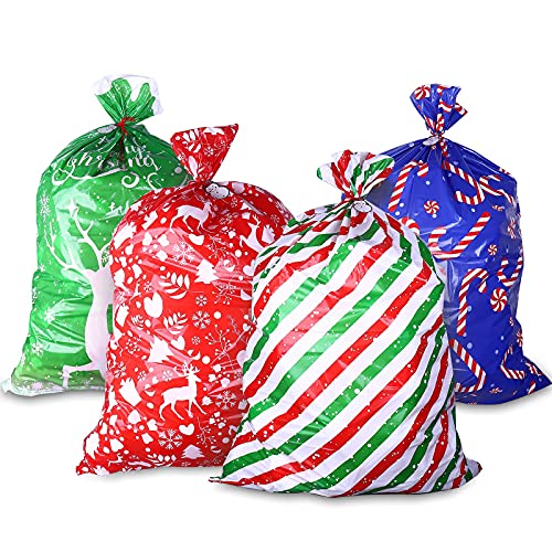 KKBES 4 Pieces Christmas Giant Gift Bags Oversize Gift Bags 54.3 x36.2 Plastic Jumbo Christmas Bags for Large Gifts Kids Toys Goodie Supplies with Name Cards and Ties