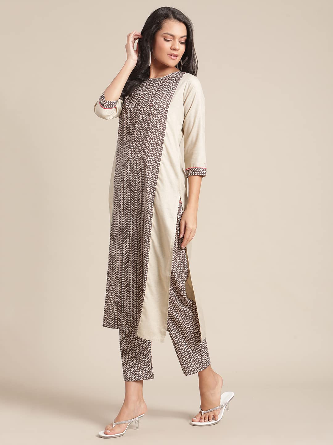 Varanga Women Beige And Charcoal Panel Printed Kurta With Printed Trouser.