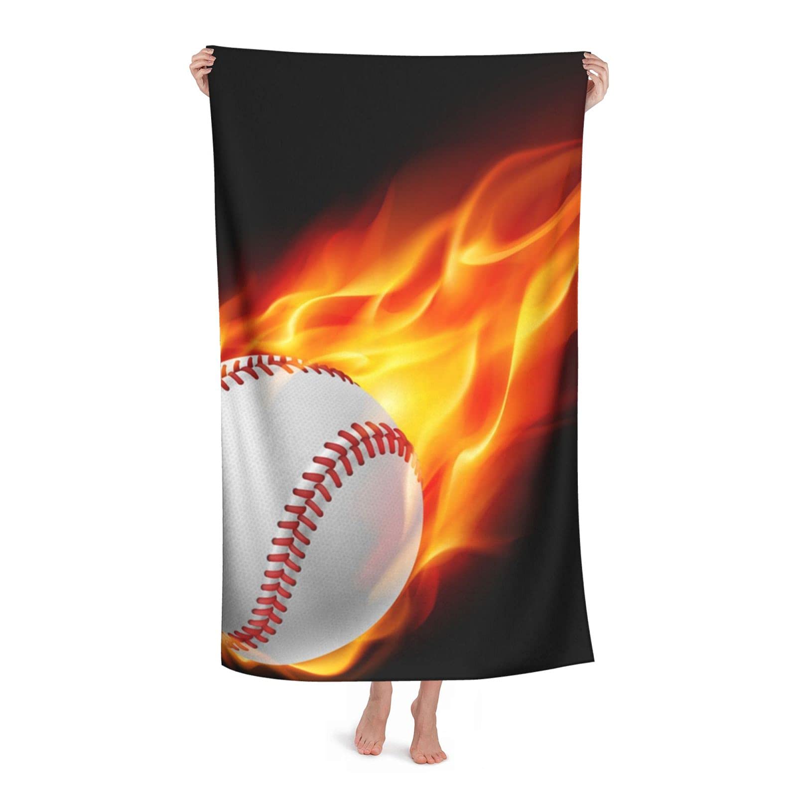 LSRCPD Baseball On Fire Beach Towel Highly Absorbent Microfiber Beach Blanket Soft Bath Towels 80 x 130 cm