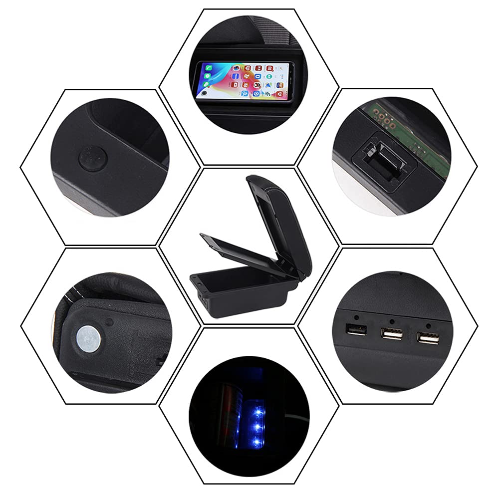 Podłokietnik samochodowy do Peugeot 208 2013-2018, dwuwarstwowy, czarny, skórzany podłokietnik, konsola środkowa z 3 interfejsami USB, akcesoria do wnętrza samochodu
