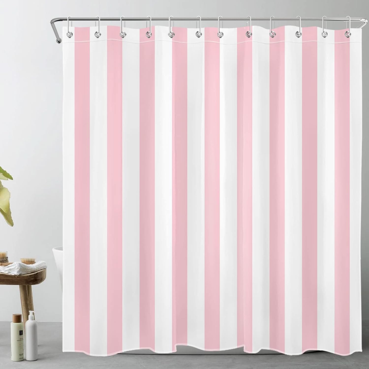 LB Pink and White Striped Fabric Shower Curtain for