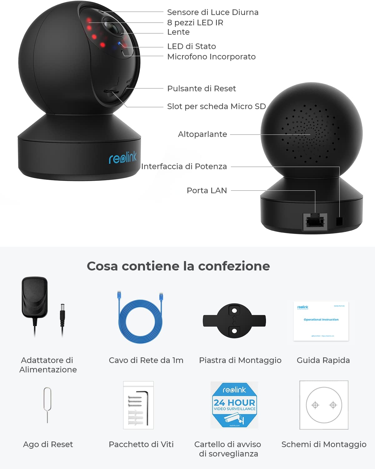 Reolink 3MP Telecamera WiFi Interno con Pan/Tilt, Audio a 2 Vie, Videocamera Sorveglianza WiFi da 2.4 GHz, Visione Notturna, Rilevamento del movimento, Accesso Remoto,Cloud, E1 Nero (Ricondizionato)