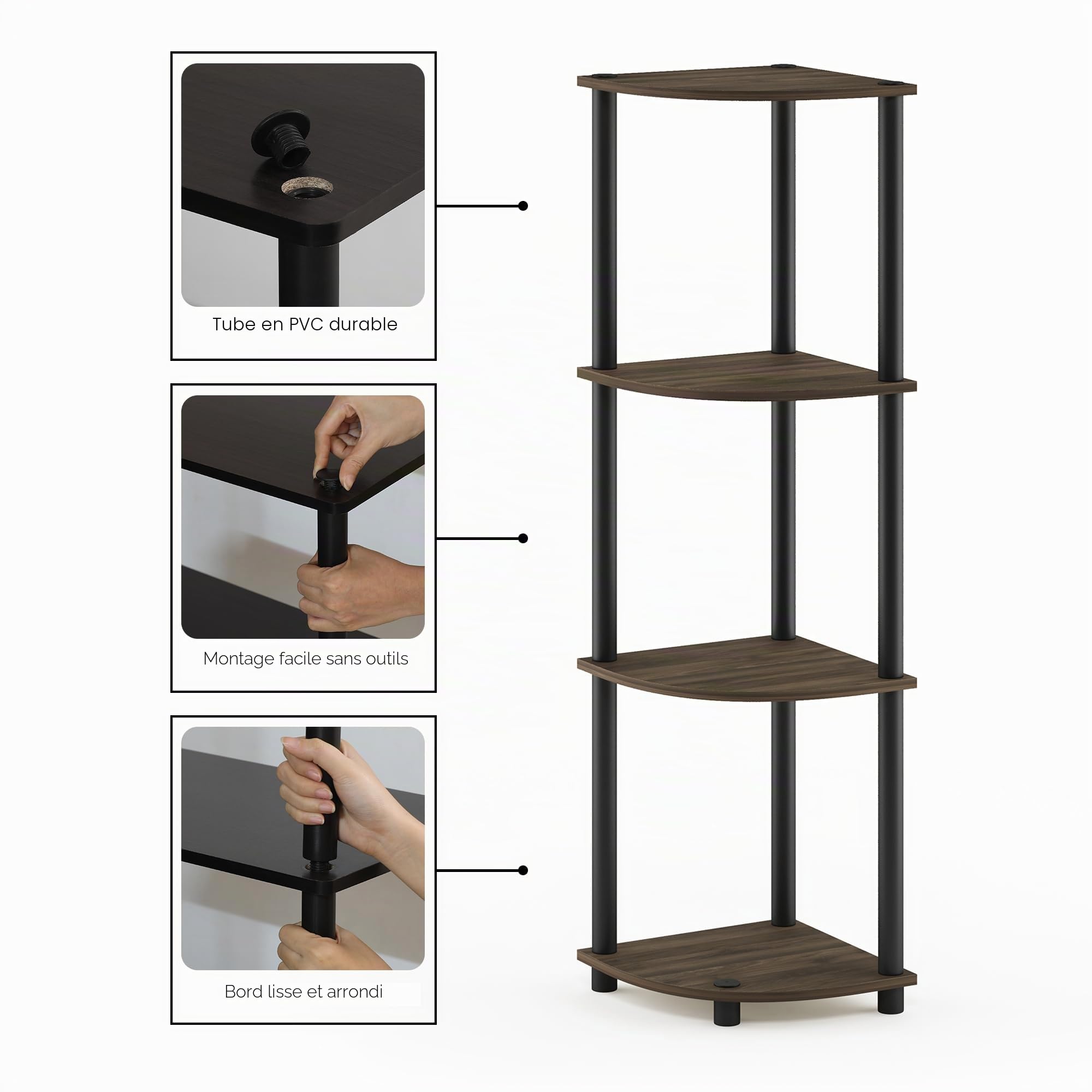 Furinno Turn-N-Tube Étagère Polyvalente pour Présentoir d'Angle à 4 Niveaux, Noyer Columbia/Noir