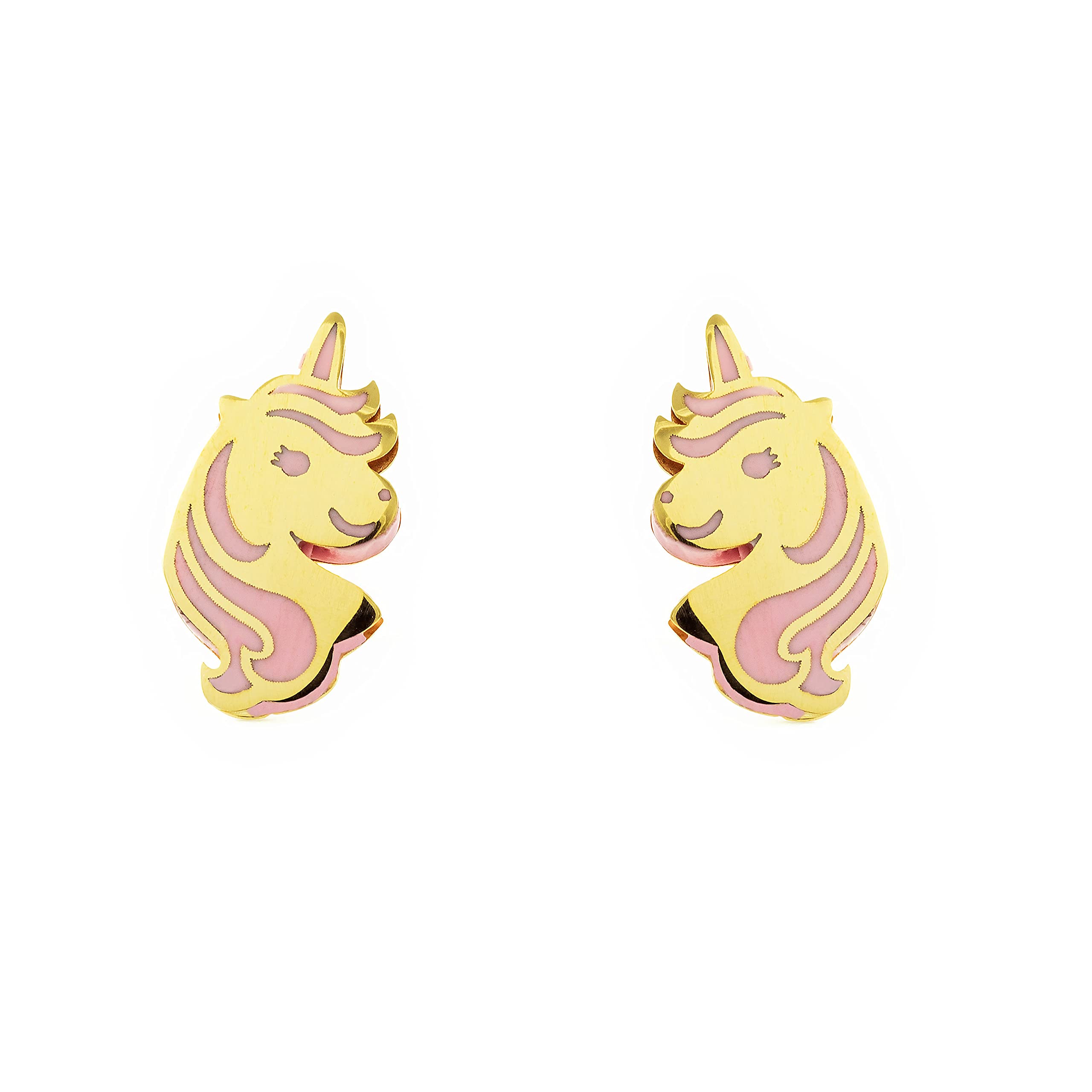 Monde Petit Pendientes Niña oro Unicornio mediano Esmalte rosa - Estuche Regalo - Certificado de Garantía - Mondepetit