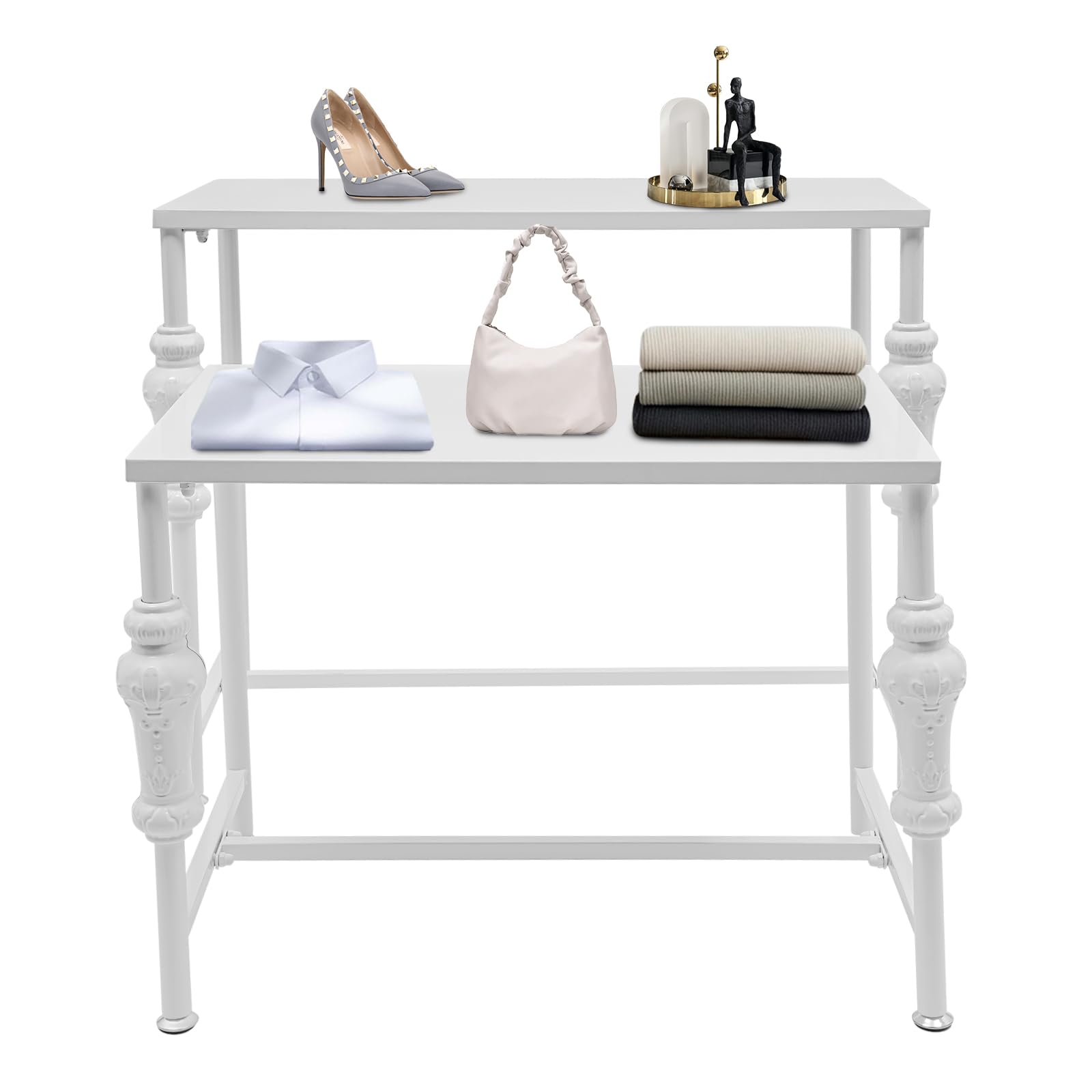 ACNAO Industrial Retail Display Tables,Standing Clothing Shoes Display Rack, Set of 2 Display Riser,Adjustable Feet Floor Standing Display Racks for Retail Stores, Clothing Stores (White)