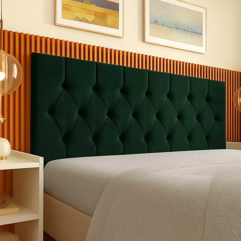 Cabeceira Estofada Box Queen Capitonê, 160x54cm, Suede, Moderno, com Fixação na Parede (VERDE MUSGO)