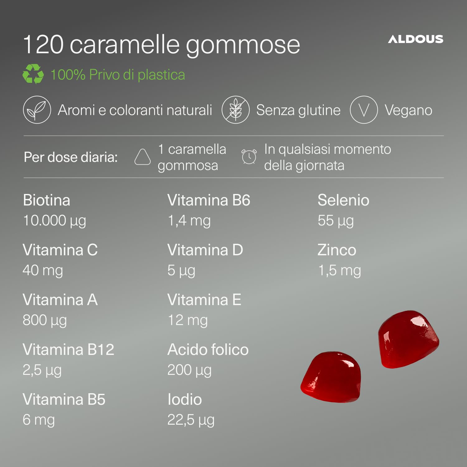 Biotina Capelli 10000 mcg - 120 Caramelle Gommose gusto Ciliegia - Integratore per Capelli, Pelle, Unghie - Acido folico, Zinco, Selenio, Iodio - Vitamine per Capelli - Vegan - ALDOUS