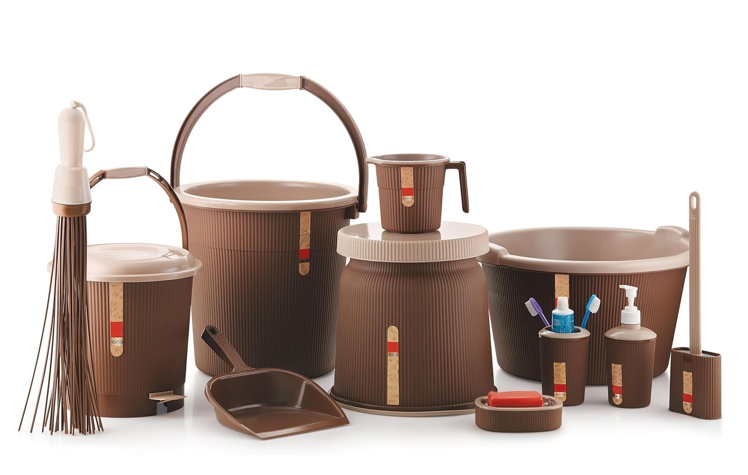 Liza Newton 11Piece Complete Bathroom Essential Set for Home, Kitchen & Bathroom Includes 20L Bucket, 18 L Tub, Big Stool, Dustbin, and More (Pack of 11) Dark Brown