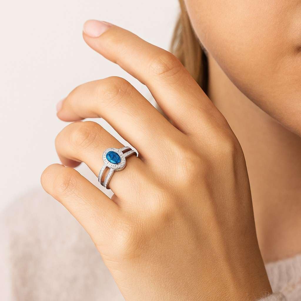 Natural Swiss Blue Topaz Ring for Women | 14K Gold or 925 Sterling Silver | Oval Blue Gemstone Halo Ring with Lab-Grown Diamonds | Split Shank Engagement, Promise or Anniversary Ring | Fine Jewelry Gift