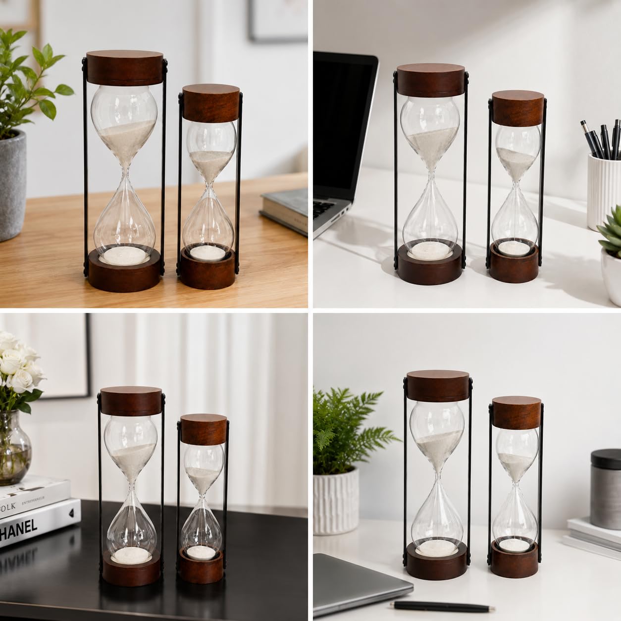 Temporizador de arena de madera de caoba oscura de lujo, reloj de arena blanco grande con pilares de metal negro mate para escritorio de oficina ejecutiva, decoración de mesa y meditación (marrón 3.5