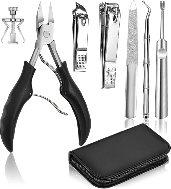 7 PCS Thick Ingrown Toenail Clipper Kit with Nail Clippers, Toenail Lifter, Cuticle Cutter, Nail File, Toenail Corrector, PU Leather Case for Ingrown Thick Hard Toe Nail Fingernail