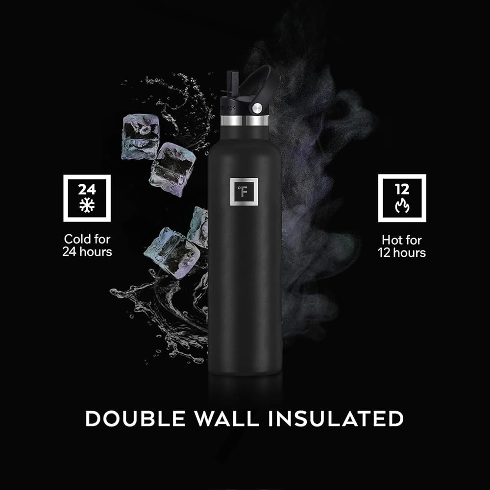 IRON °FLASK Camping & Hiking Hydration Flask with Straw, BPA-Free Insulated Stainless Steel Sports Water Bottle - 24 oz Midnight Black