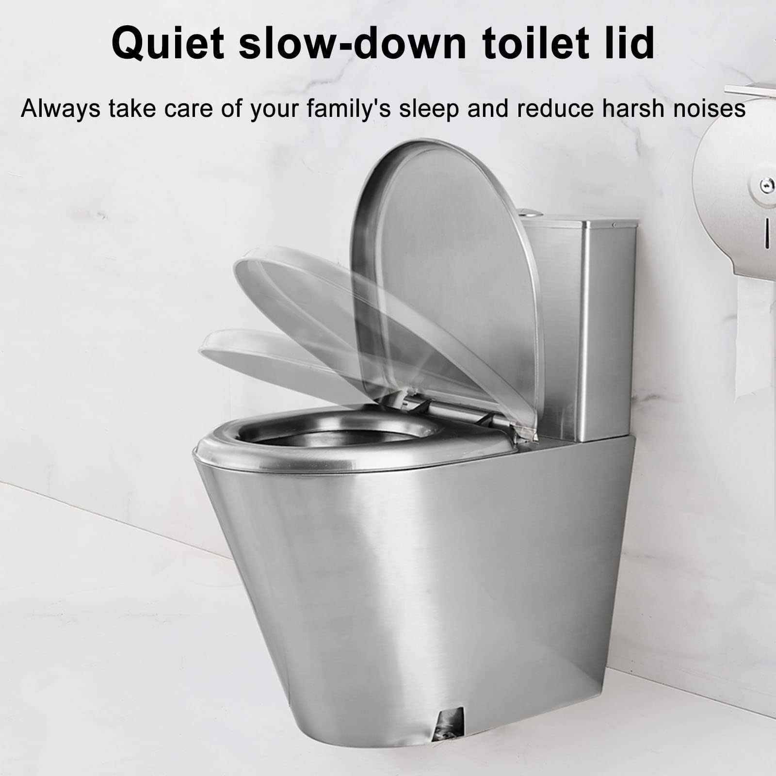 Toilettes commerciales en acier inoxydable haute efficacité F design monobloc avec abattant à fermeture douce Hauteur et économie d'eau Siphon de sol (drainage du sol de type B)