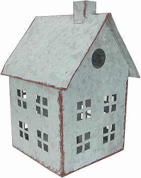 Tabletop Farmhouse Decor, Tin Houses, Christmas Display Village House 8 Inch Height X 5.5 Inch Width X 4.5 Inch Length Metal Galvanized Antique Gray