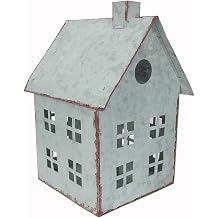 Tabletop Farmhouse Decor, Tin Houses, Christmas Display Village House 8 Inch Height X 5.5 Inch Width X 4.5 Inch Length Metal Galvanized Antique Gray
