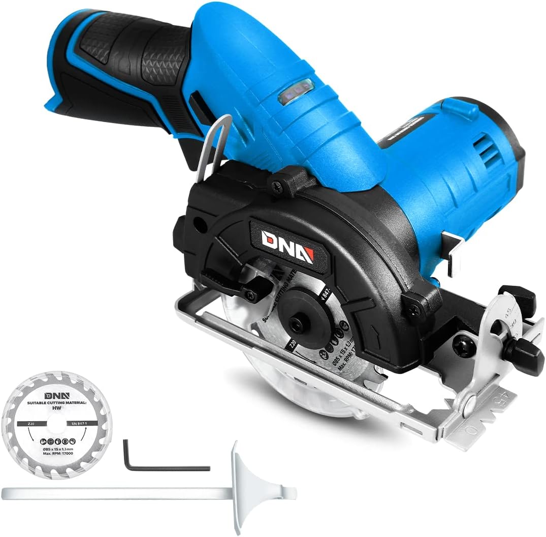 DNA MOTORING TOOLS-00173 12V Compact Cordless Circular Saw with 85mm 20T Blade and Hex Key, Adjustable Cutting Depth/Angle, Blue (Tool Only)