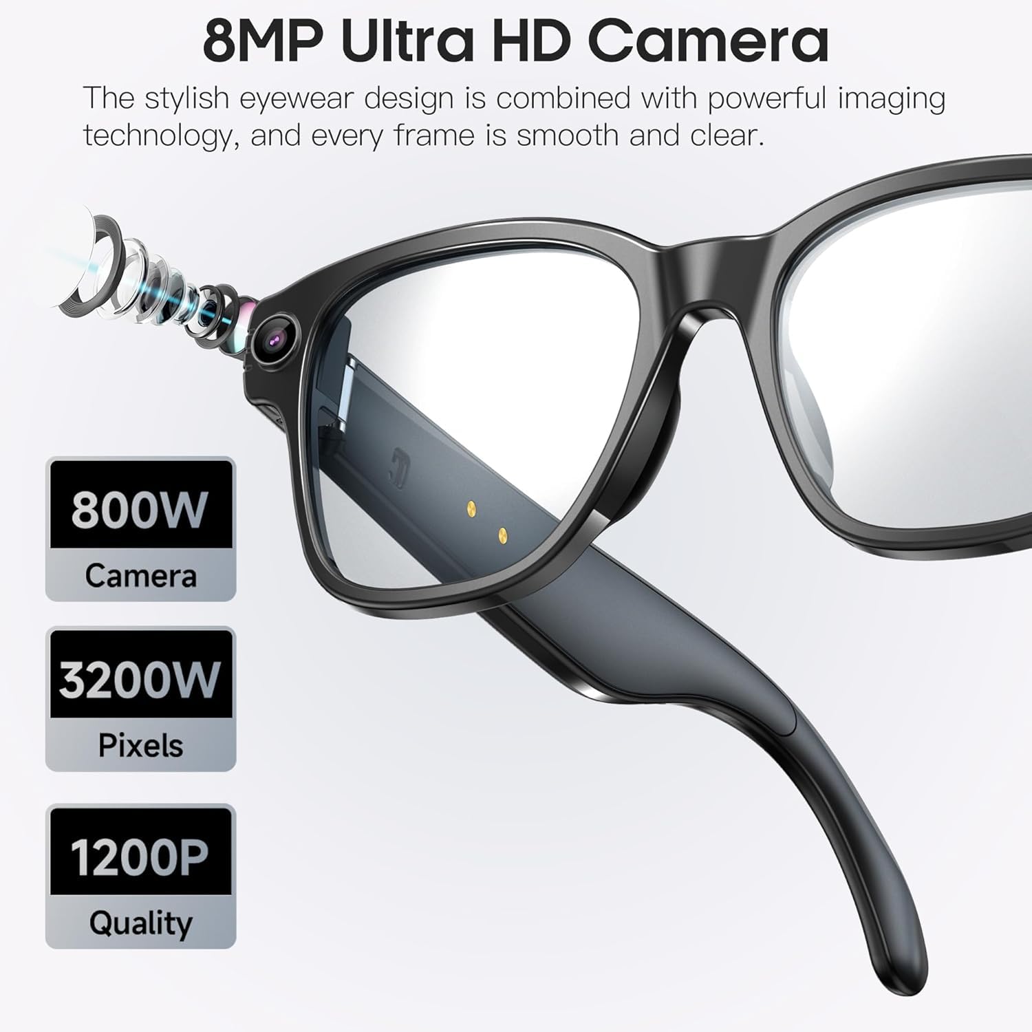 Occhiali da sole intelligenti Bluetooth con fotocamera 1080p, occhiali fotocromatici con protezione UV, Bluetooth 5.4 occhiali con registrazione foto/video/audio, per vlogging, ciclismo