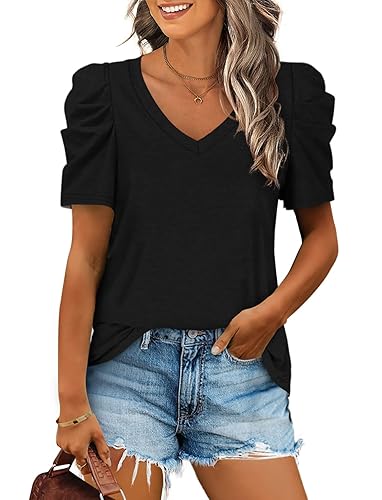 Womens Summer Shirt V Neck Casual Tshirts Puff Sleeve Tops