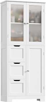 HOCSOK Bathroom Cabinet, Tall Bathroom Cabinet with 3 Doors and 3 Drawers, White Kitchen Cupboard with Adjustable Shelf, Modern Style, for Living Room, Kitchen, Dining Room | Painted wood, adjustable shelf
