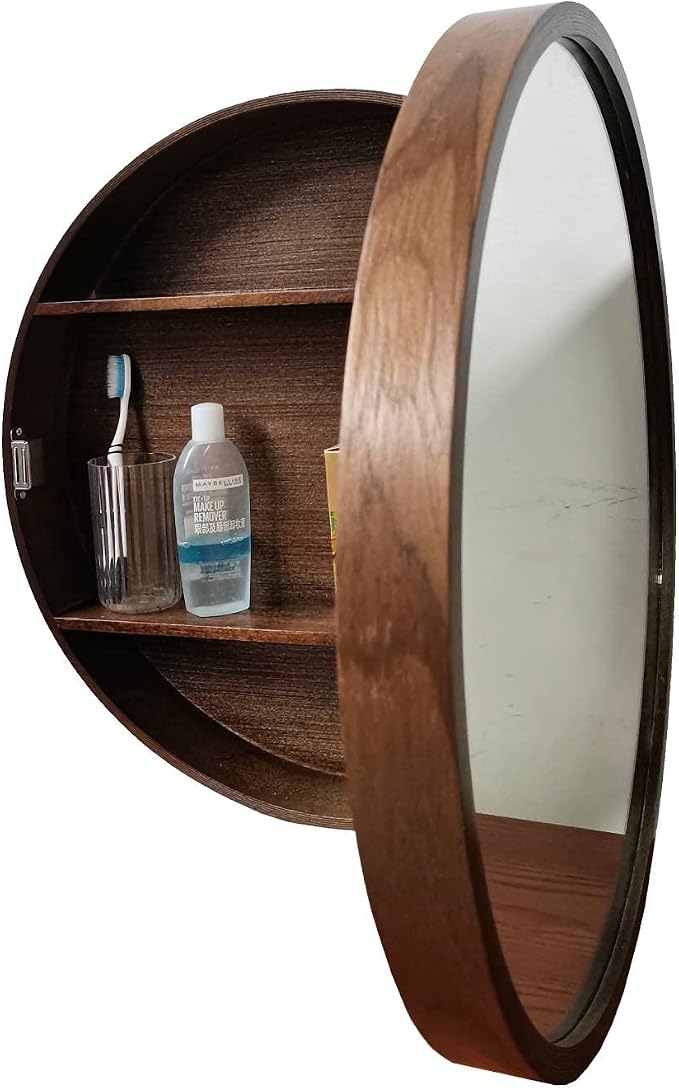 Botiquín de baño redondo con espejo y madera sólida miniatura 7