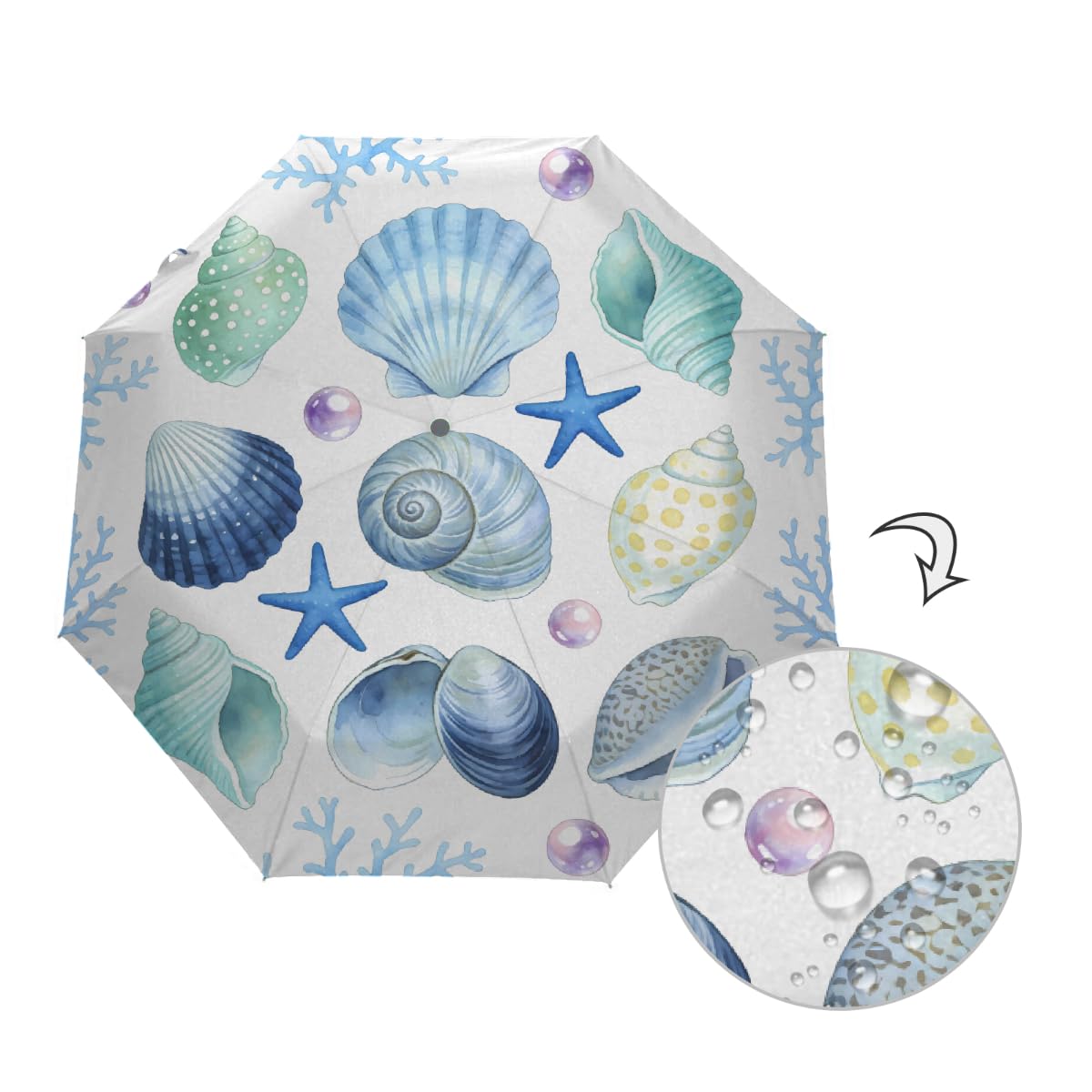 Ombrello pieghevole da viaggio con conchiglie acquerellabili corallo perla ombrello compatto antivento impermeabile con protezione UV rivestimento nero leggero 8 coste portatile per pioggia
