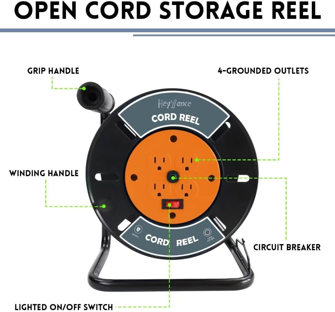 Extension Cord Storage Reel with 4-Grounded Outlets, Heavy Duty Open Cord Reel for 12/3 14/3 16/3 Power Cords, Portable Empty Hand Crank Electric Cord Roller Holder, Orange