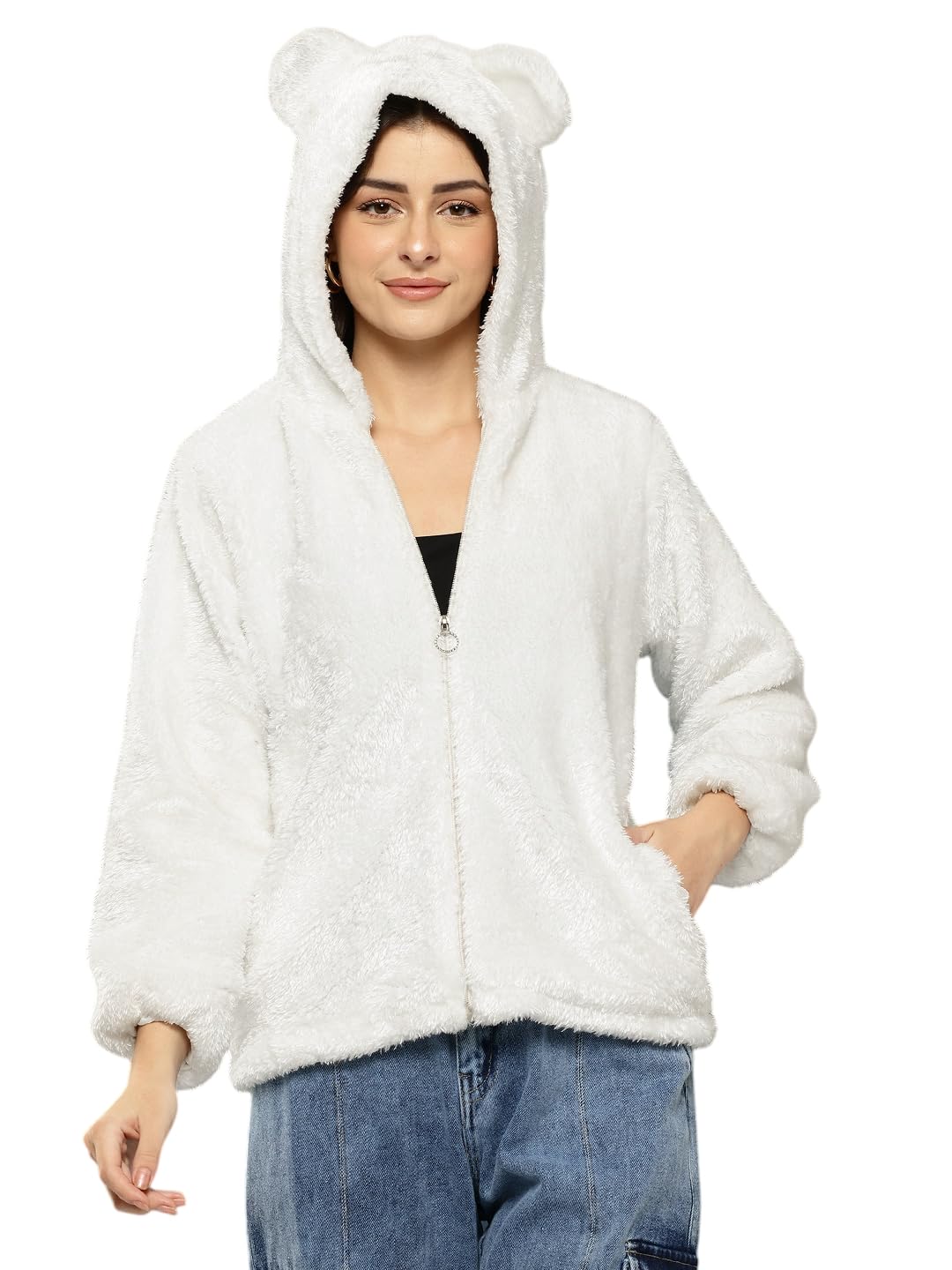aarika Womens Winter Wear Black Colour Solid Fur Hoodie Jacket-picture-23