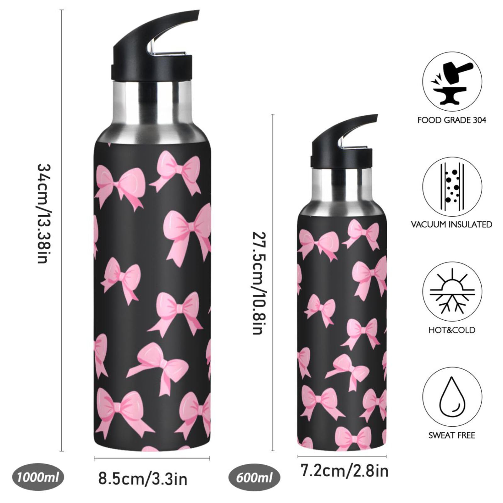 ALAZA Borraccia termica in acciaio inox con tappo a cannuccia, colore nero, con fiocco rosa, 590 ml