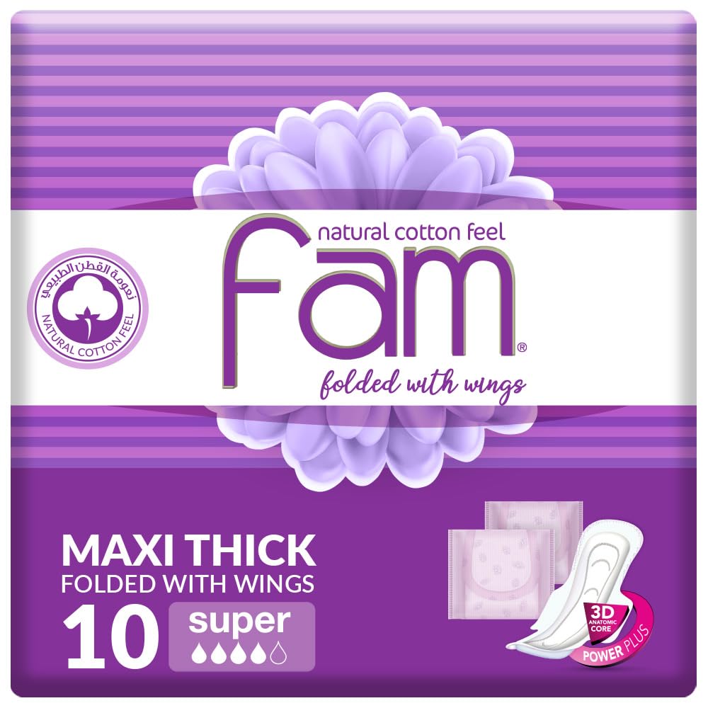 Fam Natural Cotton Feel, Maxi Thick, Folded With Wings, Super Sanitary Pads, 10 Pads