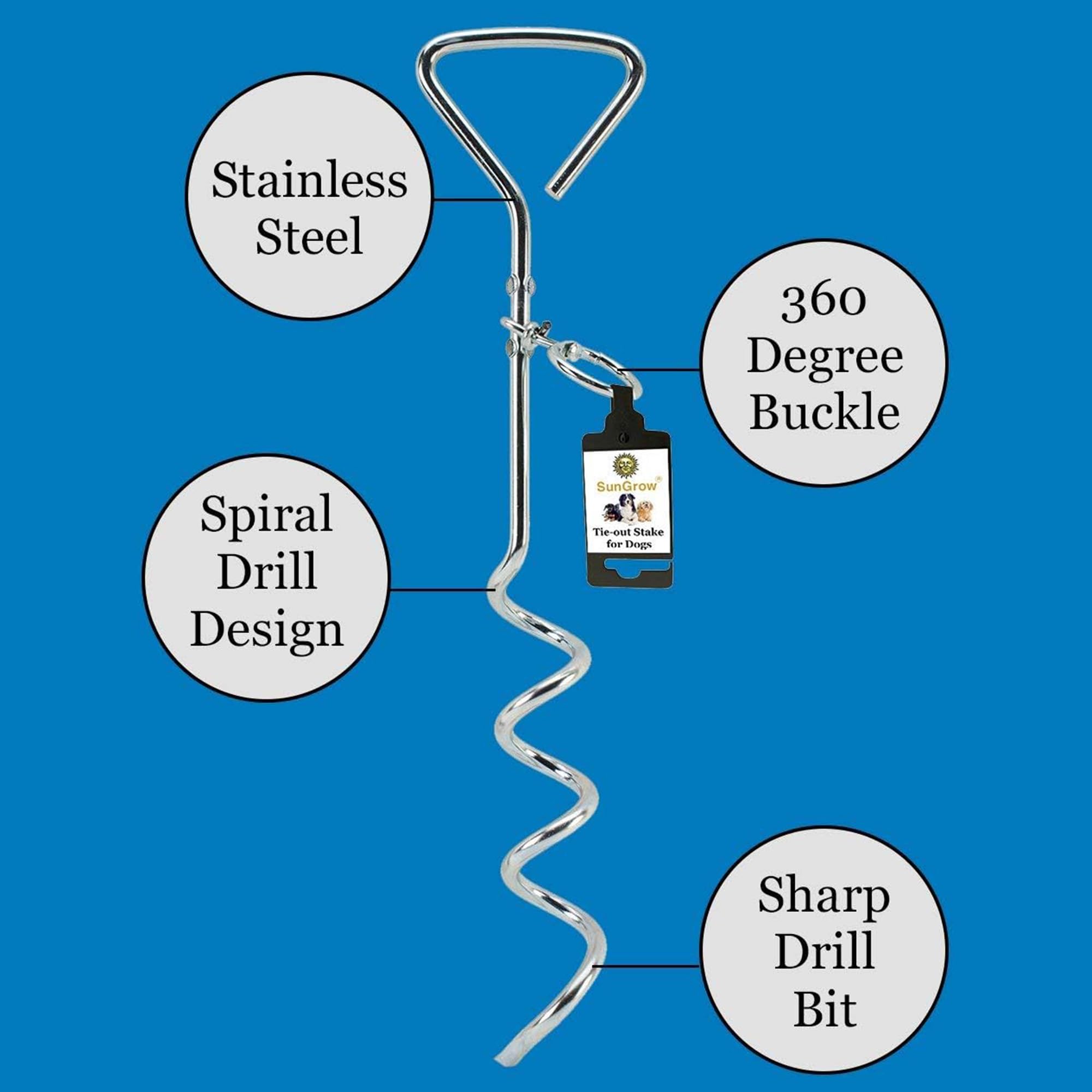 SunGrow Galvanisé Tie Out Leash Stake Anneau Rotatif à 360 degrés, 16,4 x 3,2 Pouces, Conception de Foret en Spirale, Facile à Utiliser et Pratique pour Sortir, Convient aux Chiens jusqu'à 80 Livres
