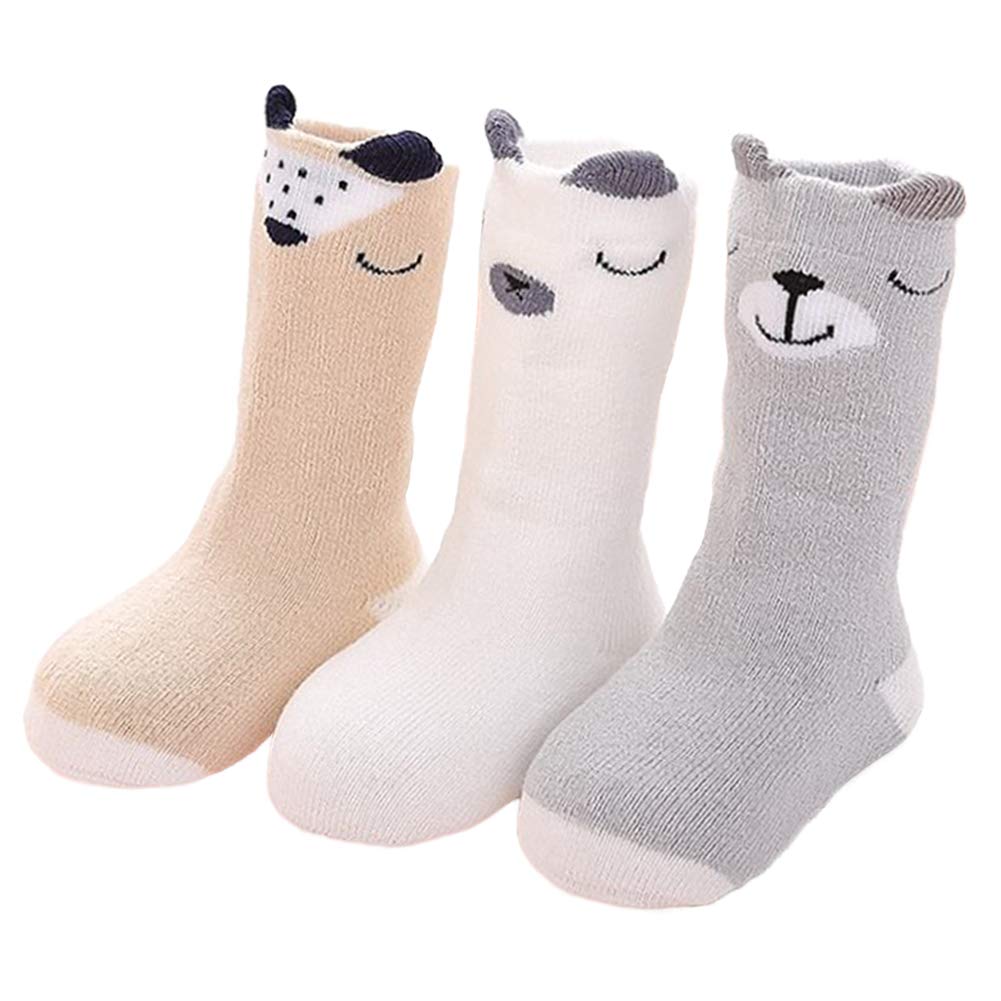 3 Pairs Anti-Slip Baby Winter Socks Toddler High Terry Socks Boys Girls Thick Warm Cotton Socks Infant Cute Cartoon Cosy Bed Socks Newborn Boneless Grip Socks For Baby 6-36 Months