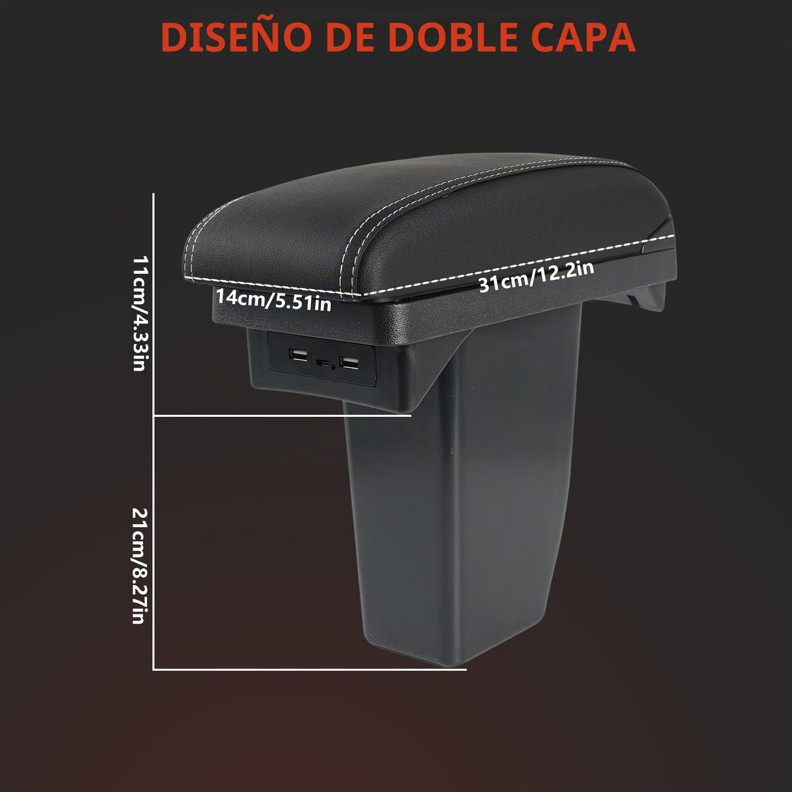 XUKEY Reposabrazos de Doble Capa de Cuero Negro con Consola Central, 2008, con Caja de Almacenamiento - Black with White Thread