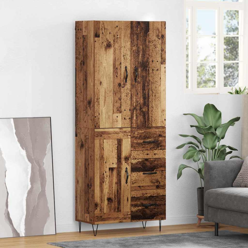 Buffet haut avec 3 tiroirs en bois vieilli, 69,5 x 34 x 180 cm, buffet moderne avec beaucoup d'espace de rangement pour salon, salle à manger, chambre à coucher et couloir, rustique et