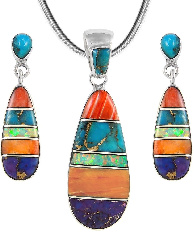 Matching Turquoise & Gemstones Set 925 Sterling Silver (Pendant, Earrings, Necklace 20")