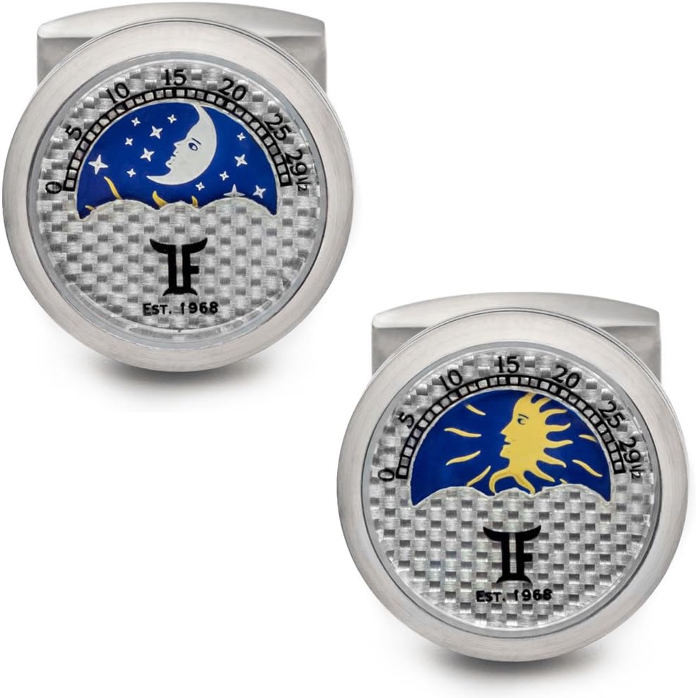 TF Est 1968 Moon Phase Stainless Steel Brushed Cufflinks with Silver Carbon Face