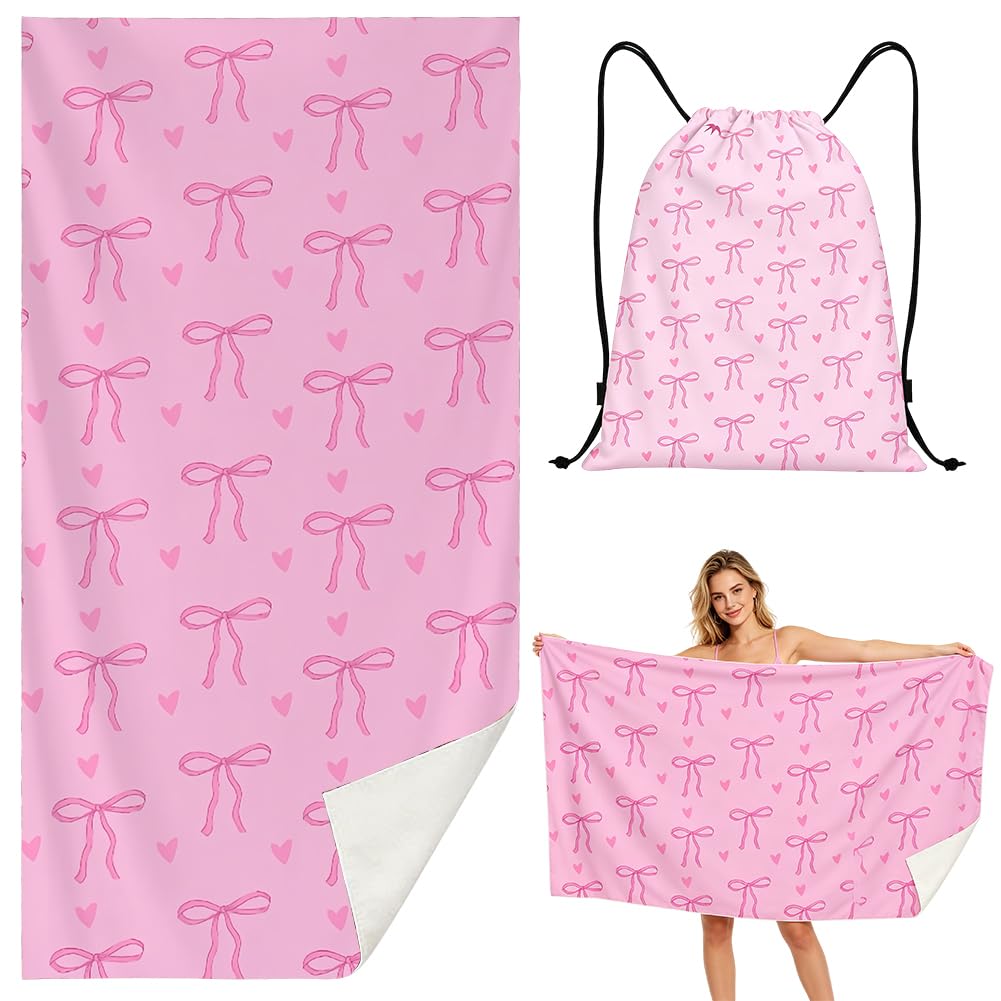 ZPSOSPZ 2-Piece Bow Kids Beach Towel and Swimming Bag Set,Soft Microfibre Quick Dry Sand Free Lightweight Bathroom towels For Girls Women,BathTowel For Swimming,Gym,Sauna,Pool,Travel -160×80 Cm(Pink3)