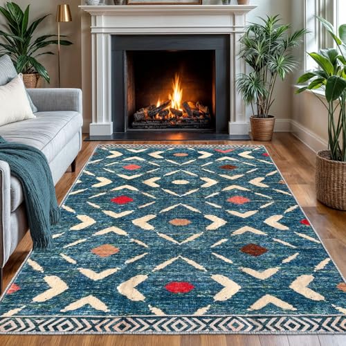 KILOCOCO Area Rug 4'x6' Entryway Rug Washable Bedroom Rug Non Slip Printed Boho Rubber Backed Low-Pile Soft Rugs for Kitchen Living Room Dining Geometric Moroccan Carpet, Teal/Blue