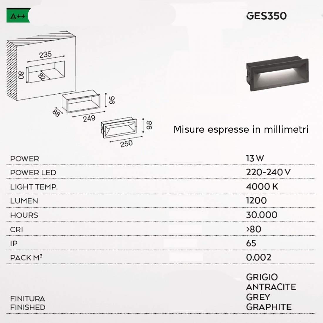 Segnapasso Gea Led Ohrm Ges350 Led Alluminio Policarbonato Lampada Parete Incasso Rettangolare Moderno Ip65