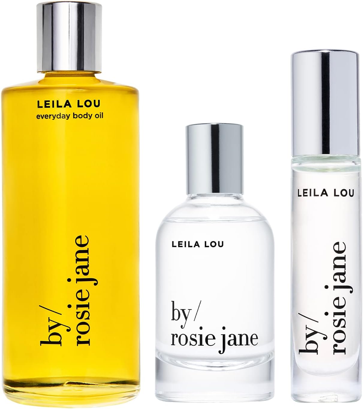 By Rosie Jane Body + Fragrance Bundle, Leila Lou - Clean Fragrance Set with Notes of Pear, Jasmine + Fresh Cut Grass - Includes Body Oil, Eau De Parfum Spray + Travel-Sized Roller Ball Perfume Oil