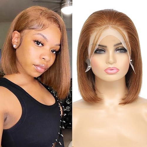 #4 Brown Bob Lace Front Wigs Human Hair Straight HD Transparent Blunt Cut Chocolate Brown Bob Wig Human Hair Pre Plucked Pre Cut Short Wigs (8INCH)