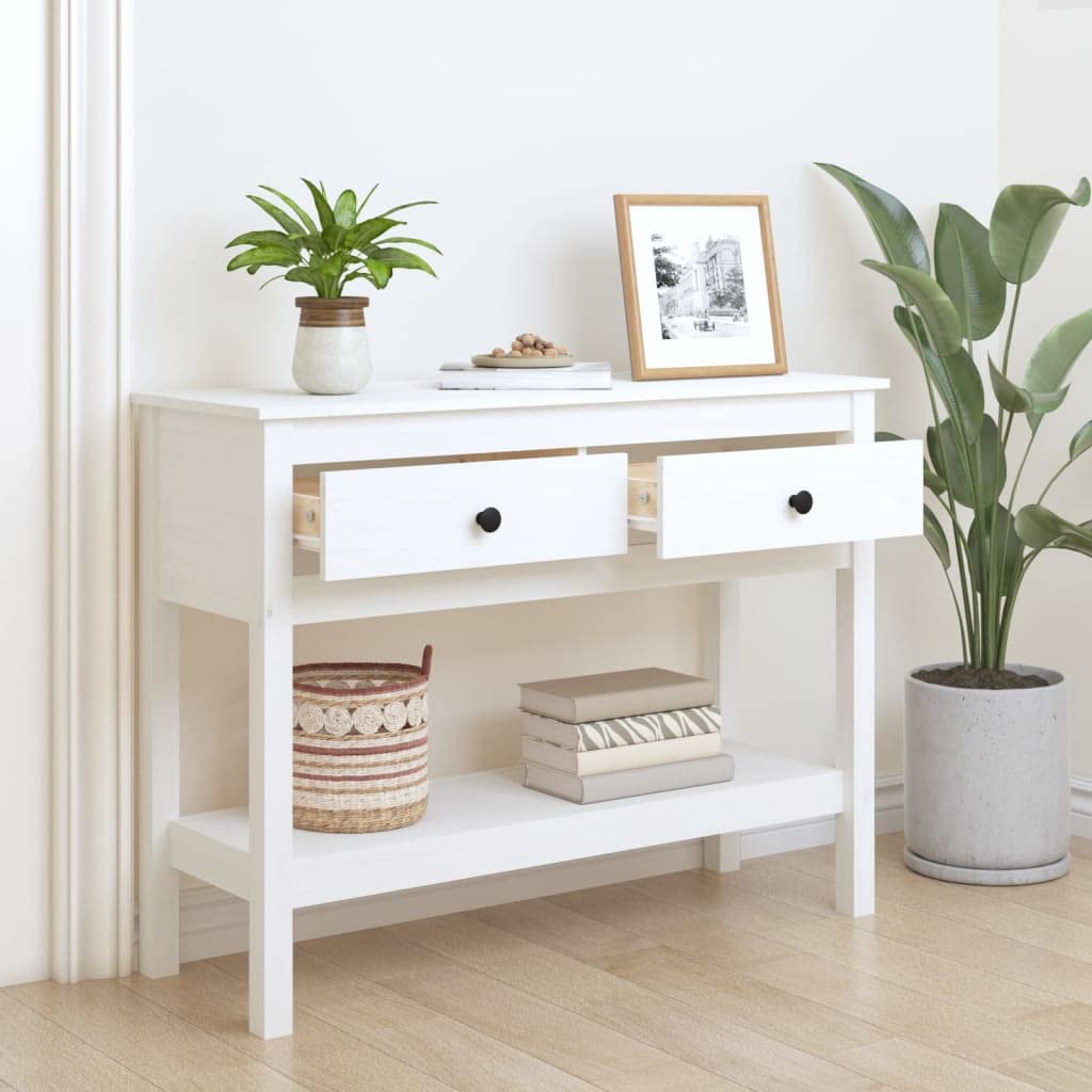 Stolik konsolowy biały, 100 x 35 x 75 cm, z litego drewna sosnowego, z 2 szufladami i półką, uniwersalny stół do przedpokoju do przedpokoju i salonu