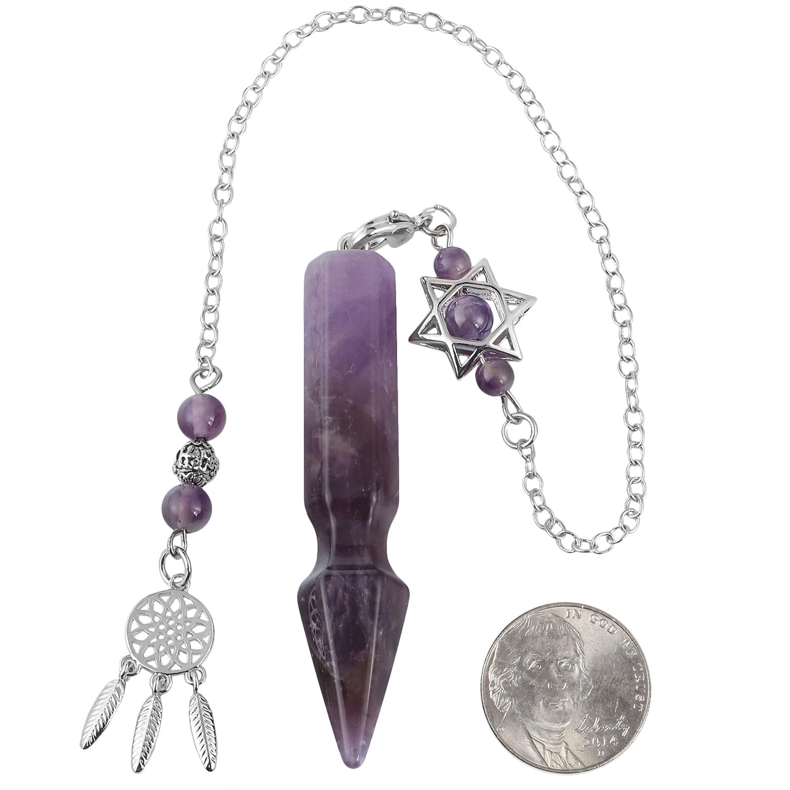 Nupuyai Amethyst Crystal Stone Point Dowsing Pendulum for Divination Scrying Arrow Shape Healing Stone Pendulum with Merkaba Star Dream Catcher Chain - Image 2